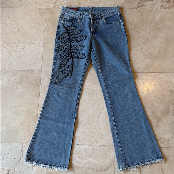 Le Jealous Denim - Elegant Blue Women's Flare Jeans with Black Embroidery